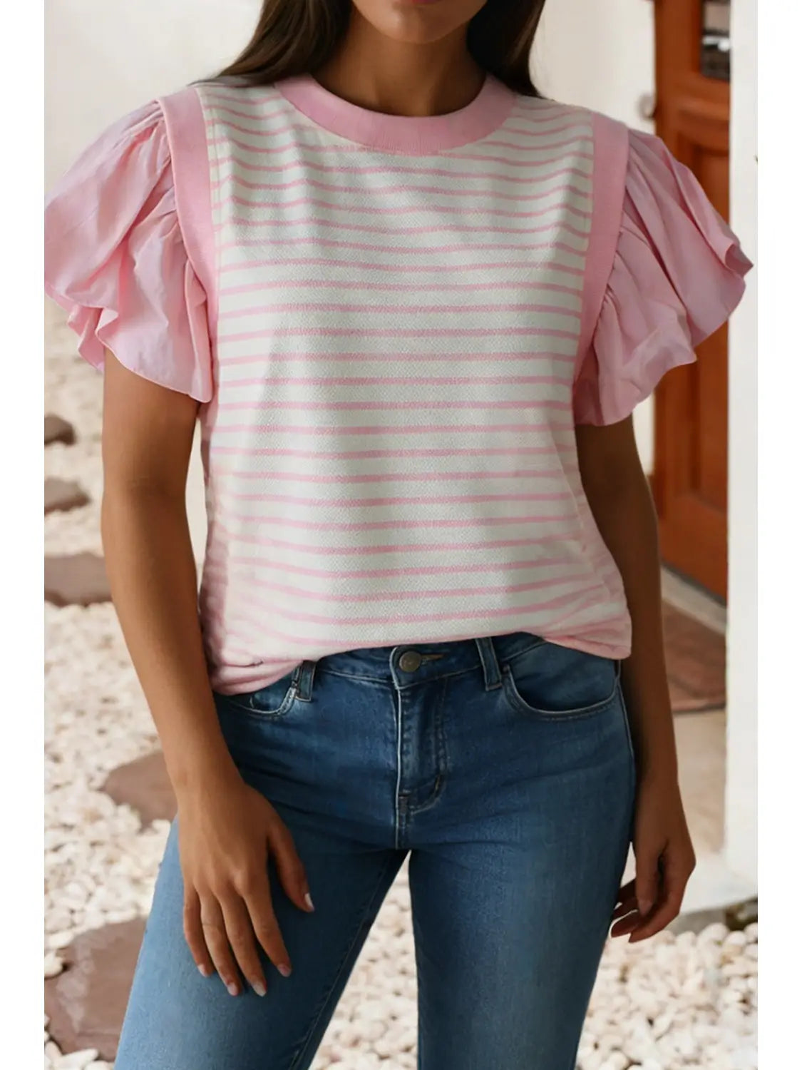 Stripe Ruffled Short Sleeve Patchwork Blouse