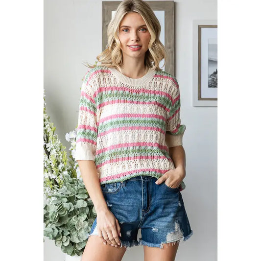 Striped Crocket Crew Neck Short Sleeve Avocado/Pink