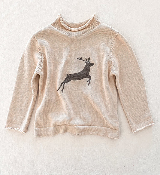 Cream Sweater with Silver Lined Reindeer Embroidered Detailing.