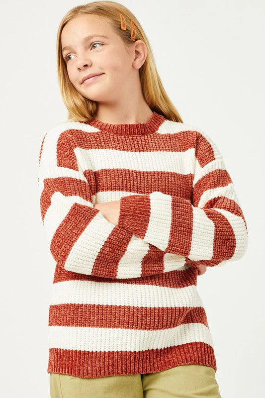 Velvet Yarn Knit Striped Sweater Rust