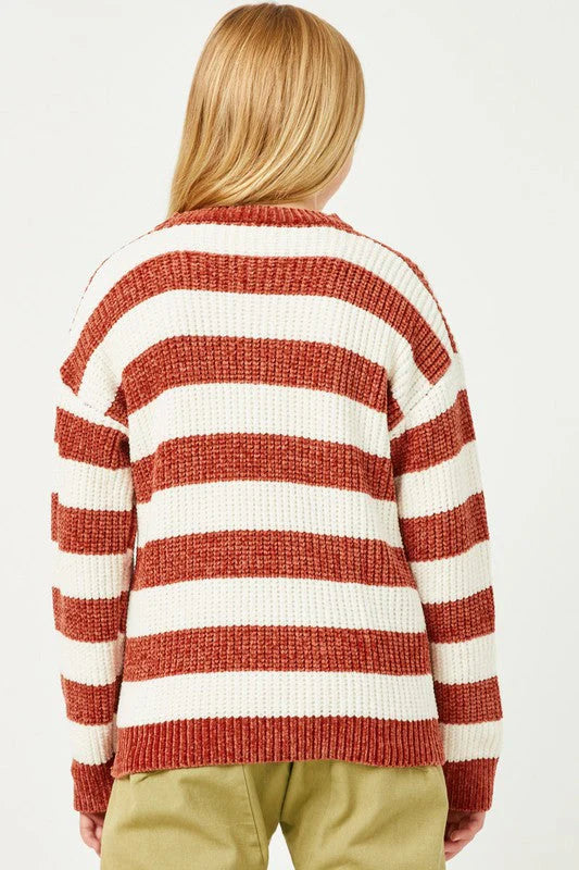 Velvet Yarn Knit Striped Sweater Rust