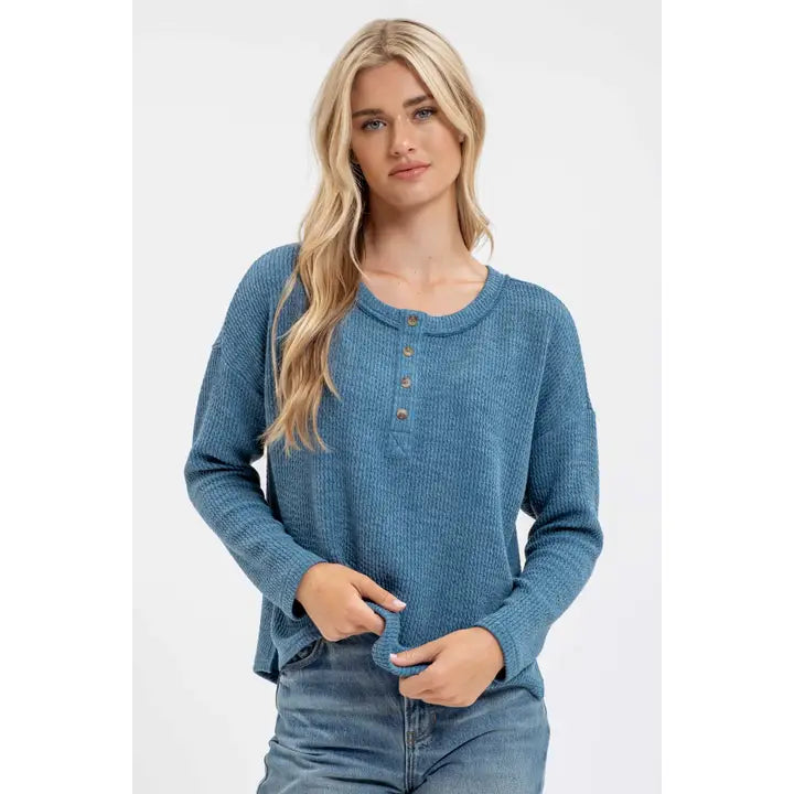 Waffle Knit Long Henley Long Sleeve Top