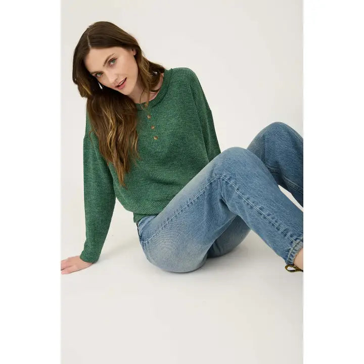 Waffle Knit Long Henley Long Sleeve Top